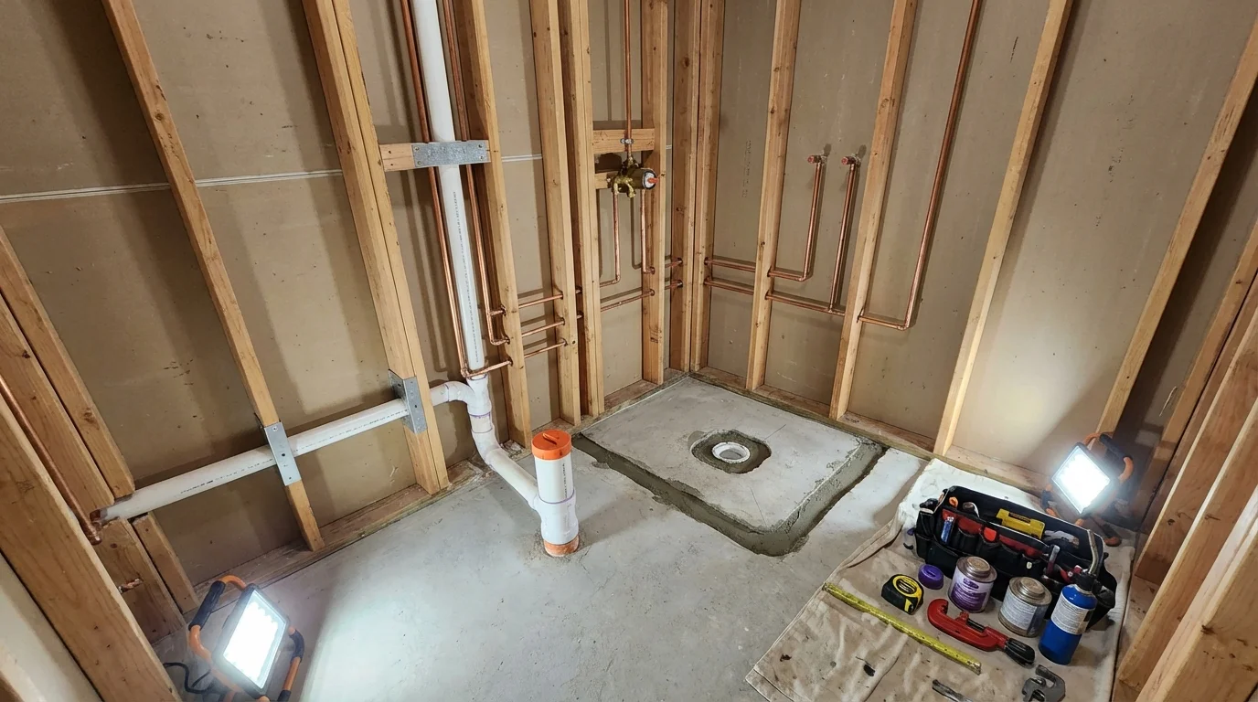 Bathroom rough-in plumbing during remodel by Johns Plumbing LLC in Lavonia