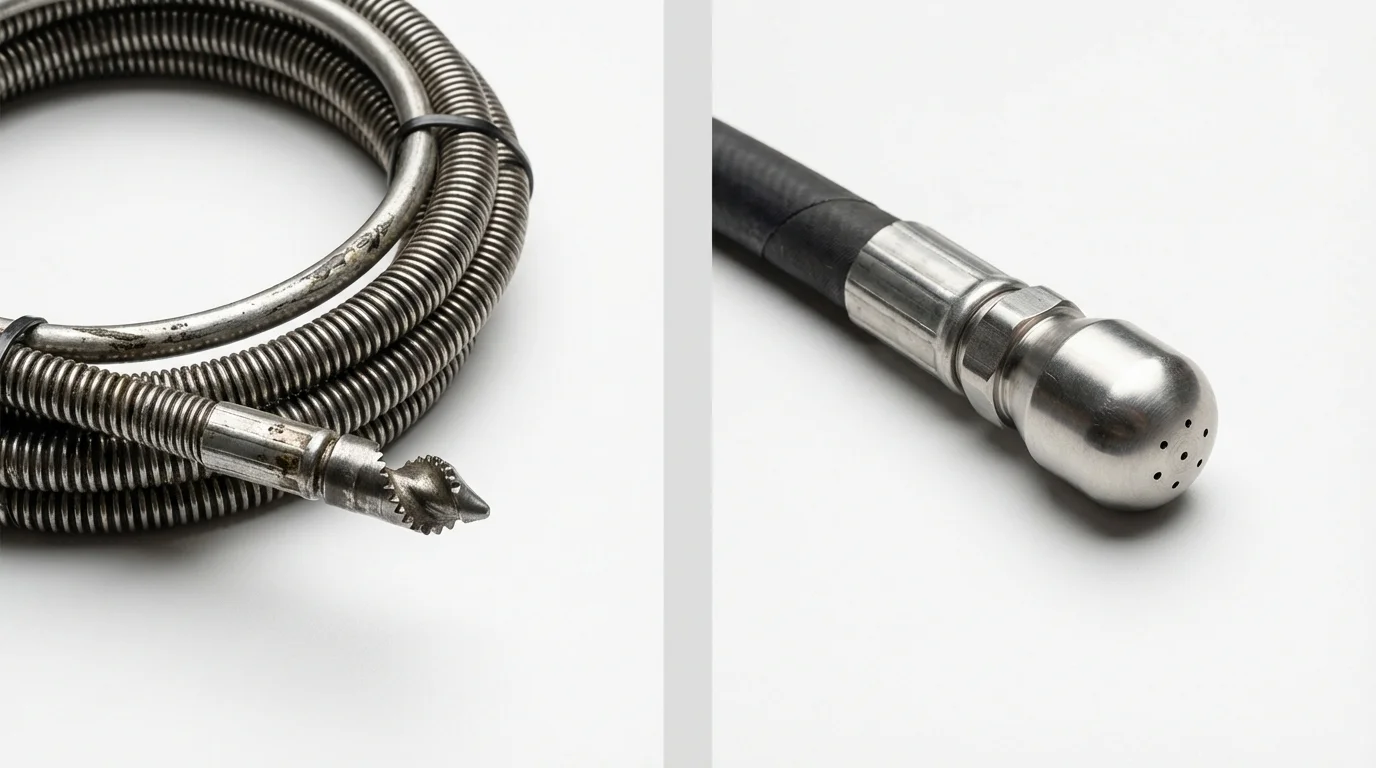 Drain snake cable and hydro jetting nozzle used for drain cleaning in Lavonia, GA