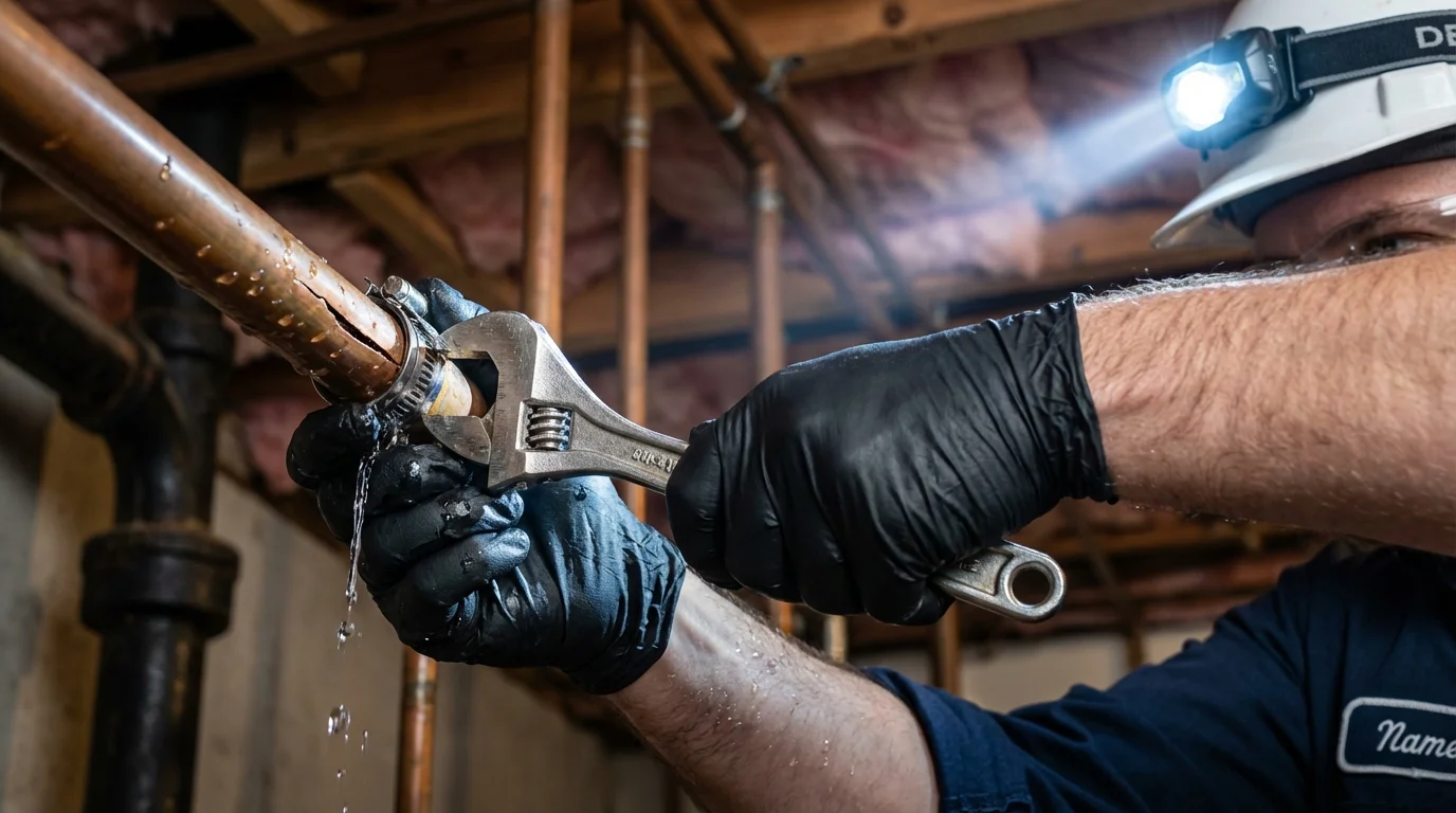 Emergency pipe clamp repair being performed by a Johns Plumbing LLC plumber in Lavonia