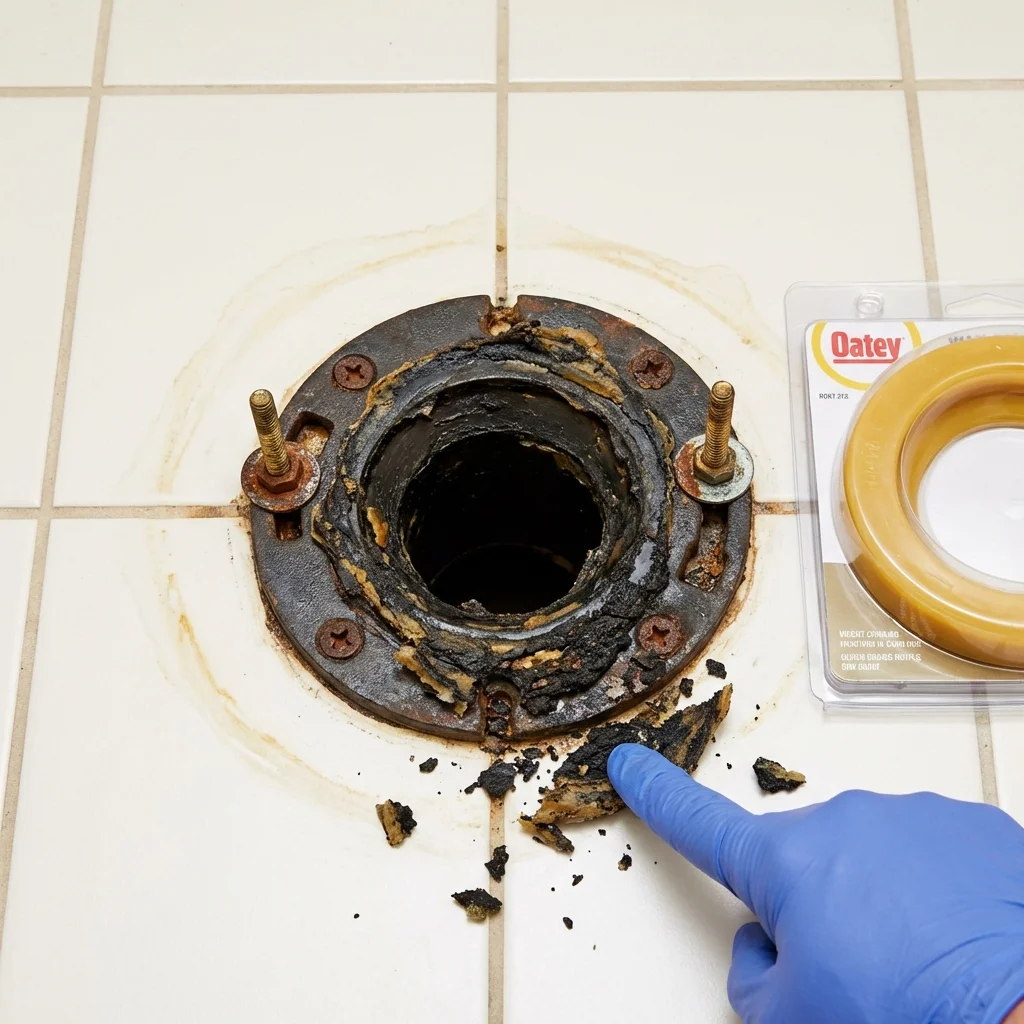 Failed wax ring showing water seepage at the base of a toilet in a Lavonia, GA home