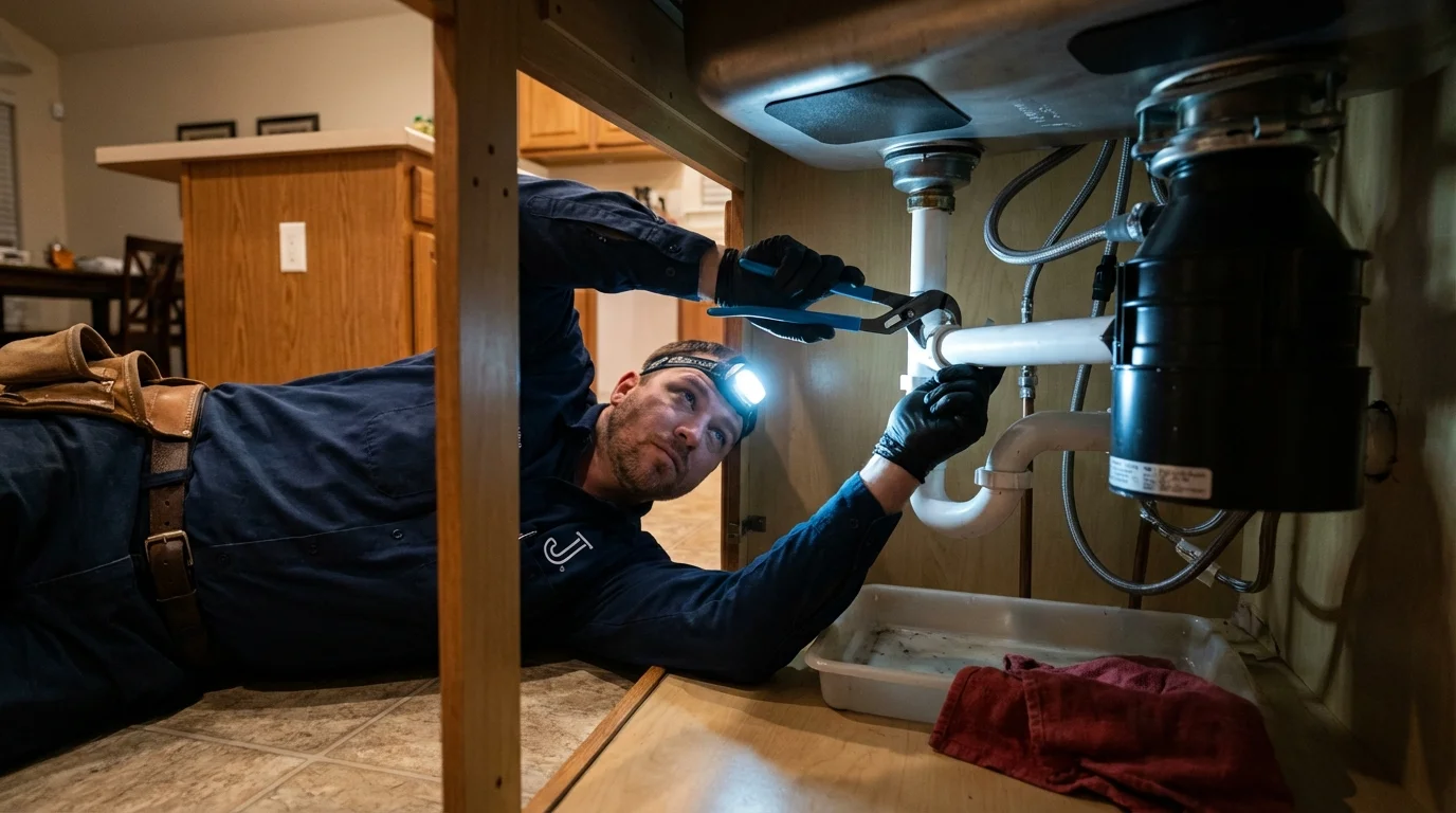 P-trap and supply line connections under a kitchen sink showing a common leak point in Lavonia, GA